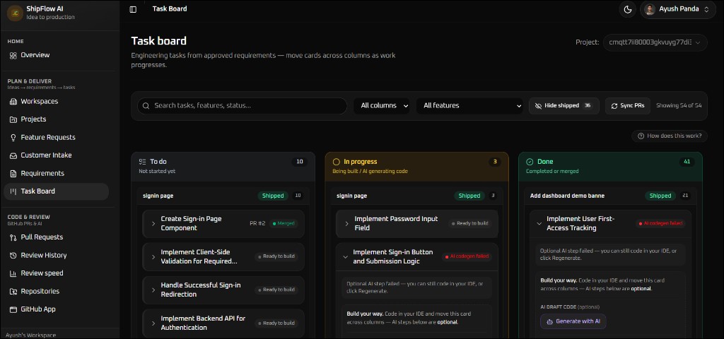 ShipFlow AI Kanban task board with AI codegen integration